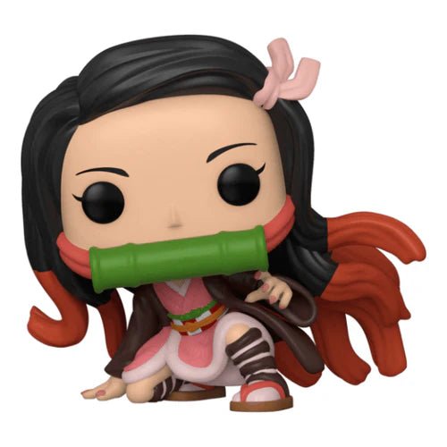 Nezuko Kamado vinyl figure with black hair, green bamboo, pink outfit and sandals