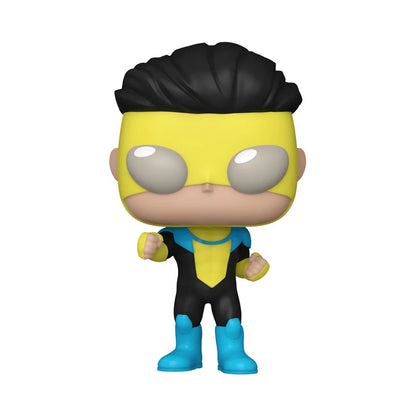 Invincible vinyl figure with black hair, yellow face, black suit, blue boots