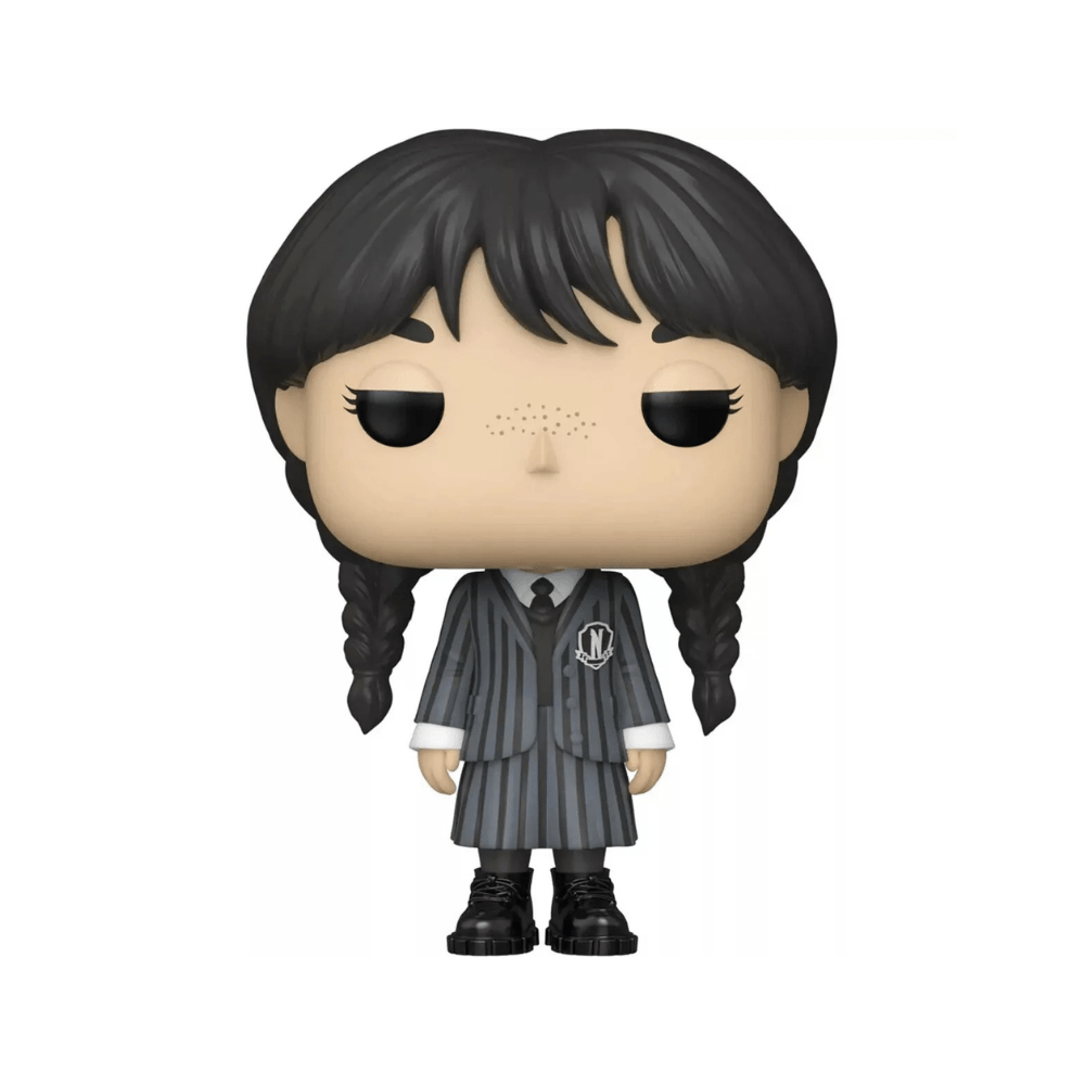Wednesday Addams Pop! figure with black braids, striped dress and black shoes