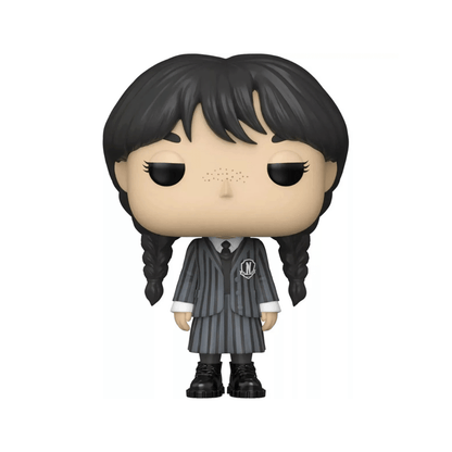 Wednesday Addams Pop! figure with black braids, striped dress and black shoes
