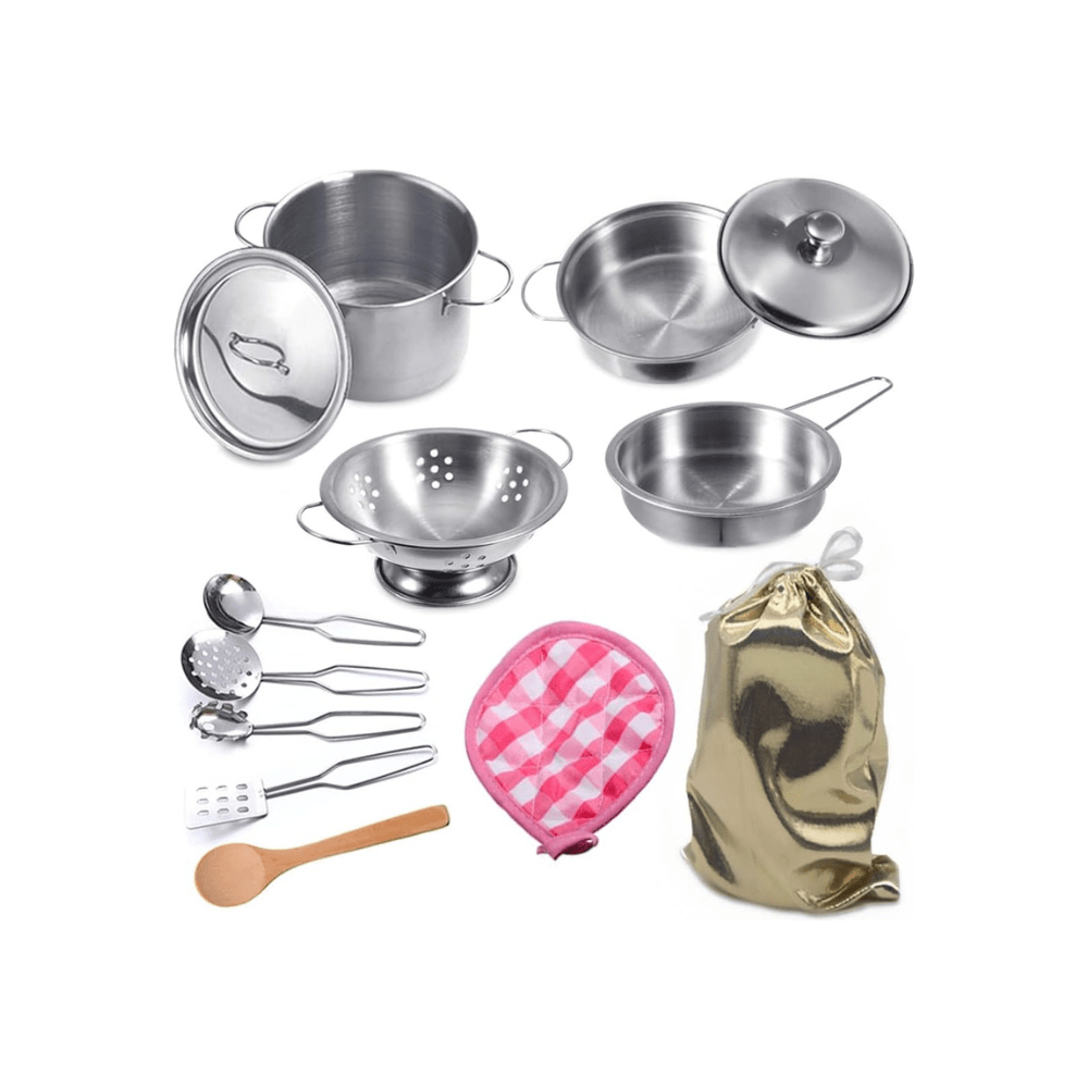 Stainless steel kitchen accessory set, 8 metal cookware pieces with lids and utensils