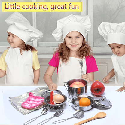 Stainless steel cooking accessory set with pots, lids, strainer, and wooden spatula