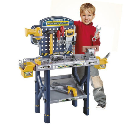 Children’s DIY workshop table with tool panel, drill, wrenches and work accessories