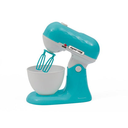 Teal interactive stand mixer with mixing bowl and whisk attachments