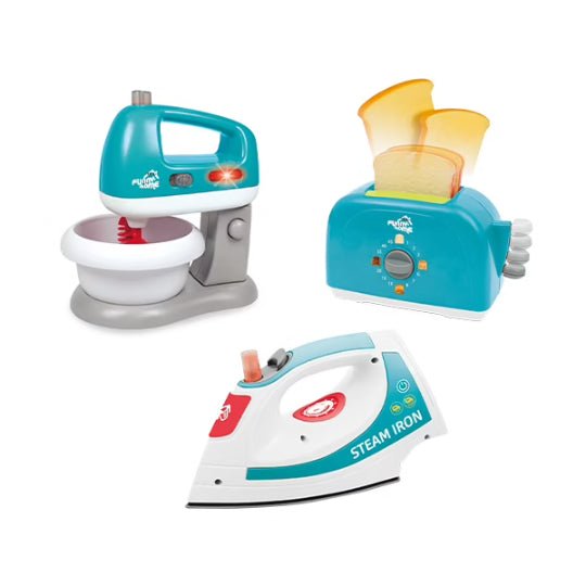 Kids kitchen play appliance set: teal mixer, toaster, and steam iron.