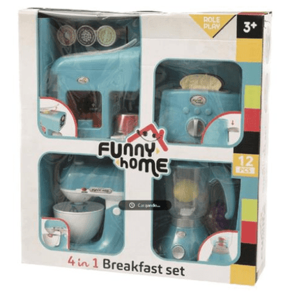 Funny Home 4-in-1 breakfast set in blue: toy appliances and utensils, boxed, 12 pcs.