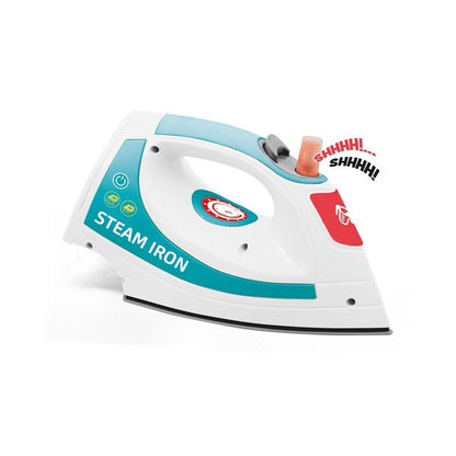 Steam iron with teal panel and white body, orange steam cap, side view