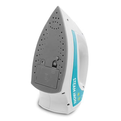 Steam iron soleplate side, gray vented base with control switch, white body