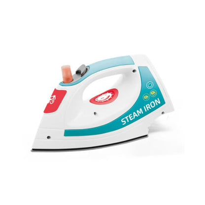 Steam iron with teal and orange accents, white body, front view