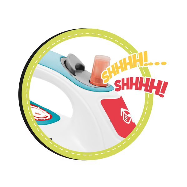 Steam iron close-up with sound-effect graphic, teal trim and orange cap
