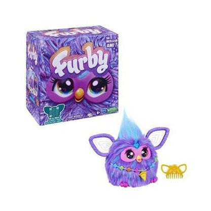 Purple Furby interactive toy set: boxed character, plush purple face and yellow comb