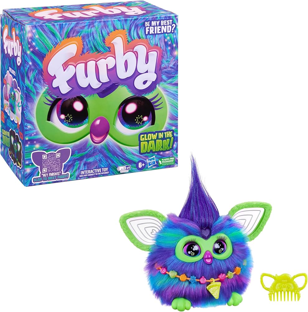 Furby Galaxy Toy-Figur mit lila-blau-grünem Fell, großen Augen, Kamm und Halskette