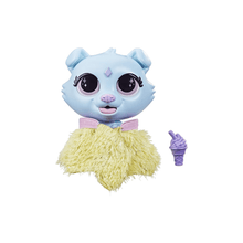 Blue cat interactive toy with big eyes, fuzzy yellow vest, and purple accessory