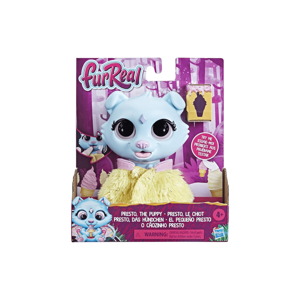 FurReal cat interactive toy in box packaging, blue face with fuzzy yellow outfit