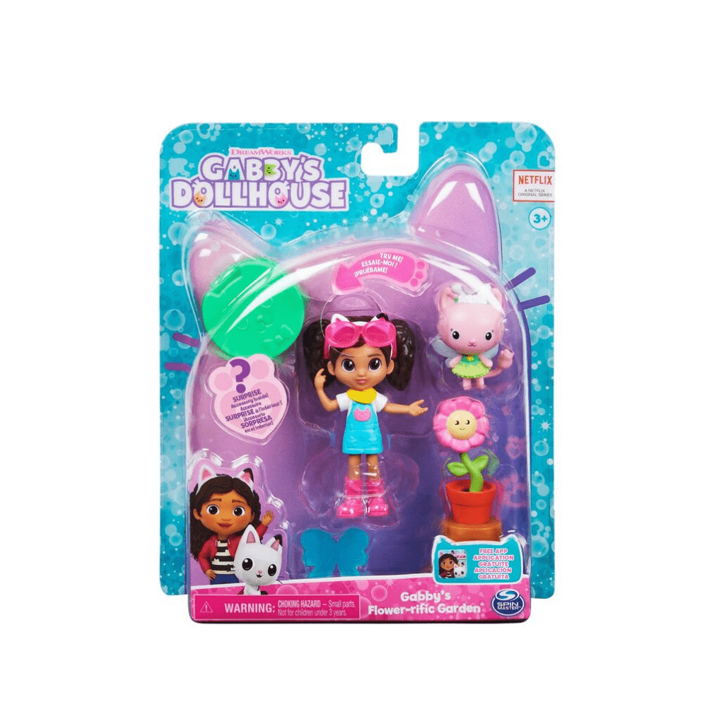 Kids action figure set in blister pack with three character figures and flower pot