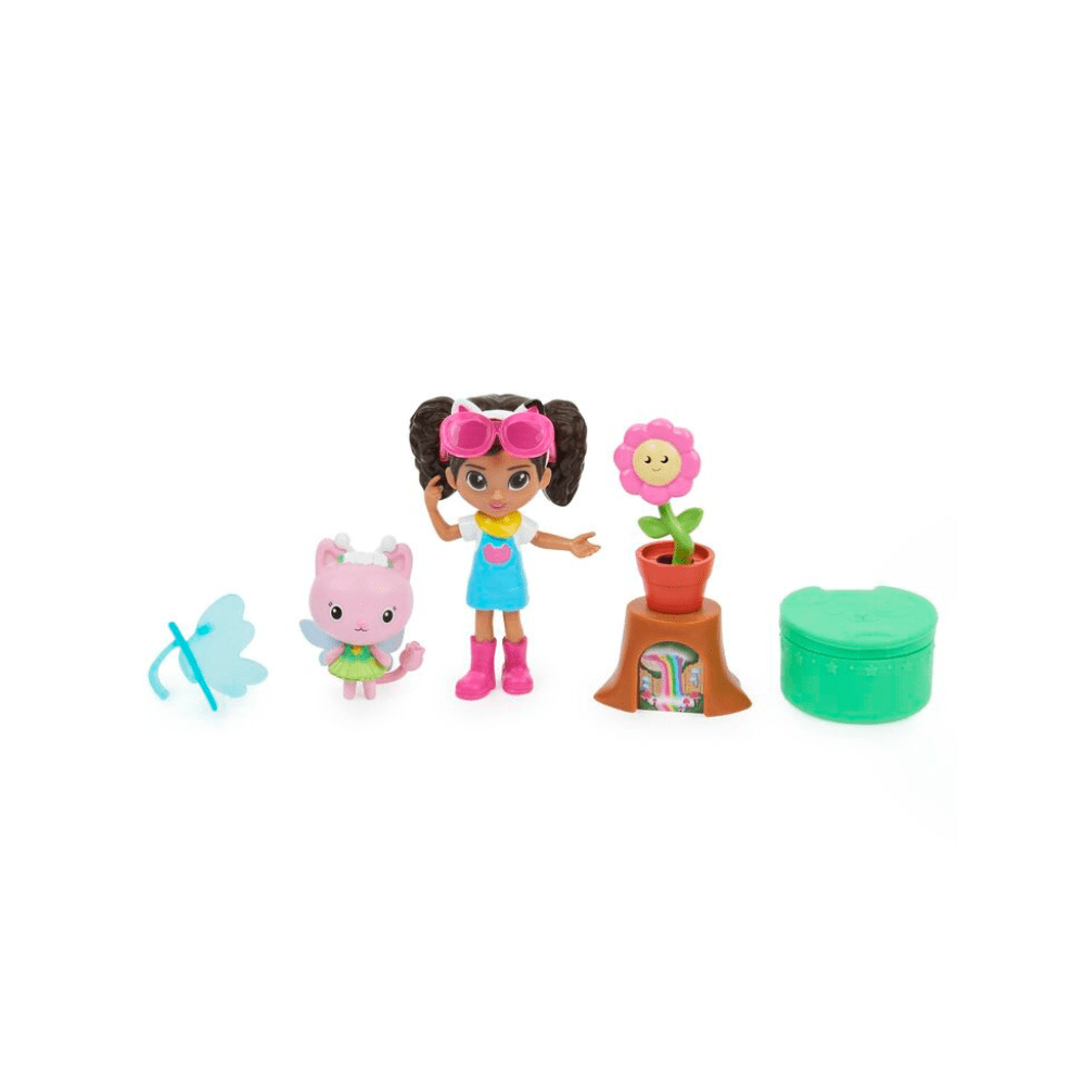 Action figures with girl and cat dolls, flower and pot pieces, and green slime