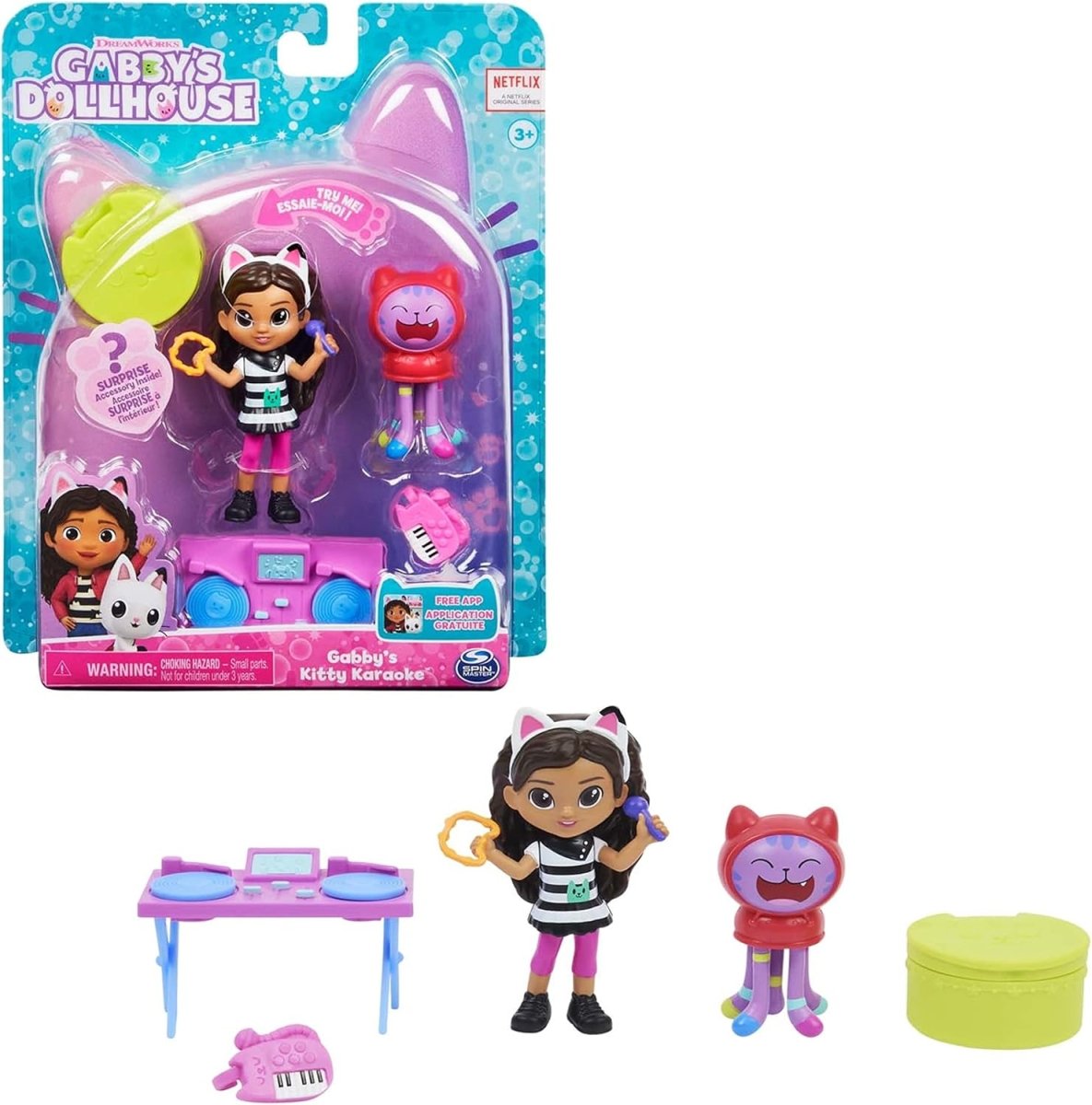 Karaoke action figure set in blister pack with girl, cat figure, and music gear