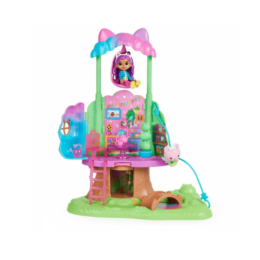 Casita de té Kitty Fairy Garden con torre verde y tejado morado-rosado, figura dentro