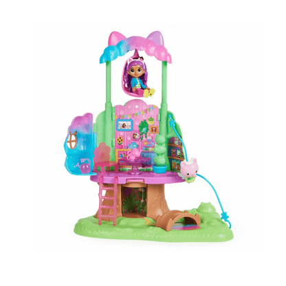 Casita de té Kitty Fairy Garden con torre verde y tejado morado-rosado, figura dentro