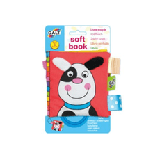 Soft baby fabric book with dog character face and colorful hanging fabric tags