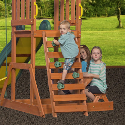 Wood playset ladder with steps and green-and-yellow slide