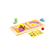 Wooden puzzle board with colored blocks and matching Katamino picture cards