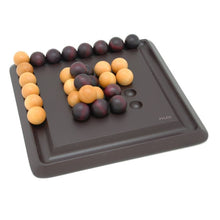 Wooden marble game board with dark and light wooden spheres, Pylos logo