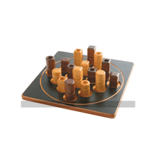 Wooden game pieces on board: cylinders and blocks in light and dark brown