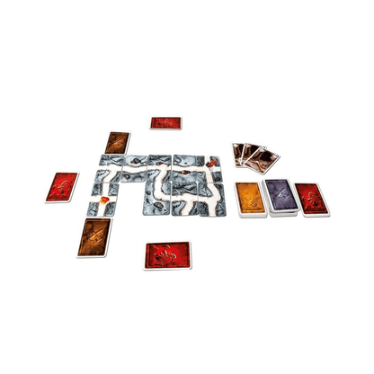 Card game tiles and character cards spread out, featuring red and stone textures