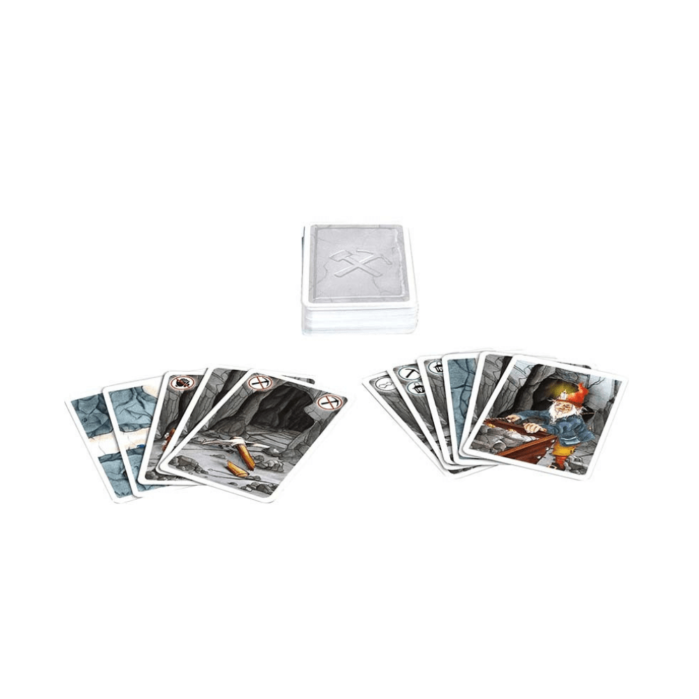 Illustrated card hand with stacked deck, featuring dwarf miner and cross symbols
