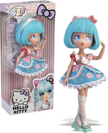 Hello Kitty fashion doll with blue bob hair, pink-and-blue dress, Hello Kitty details