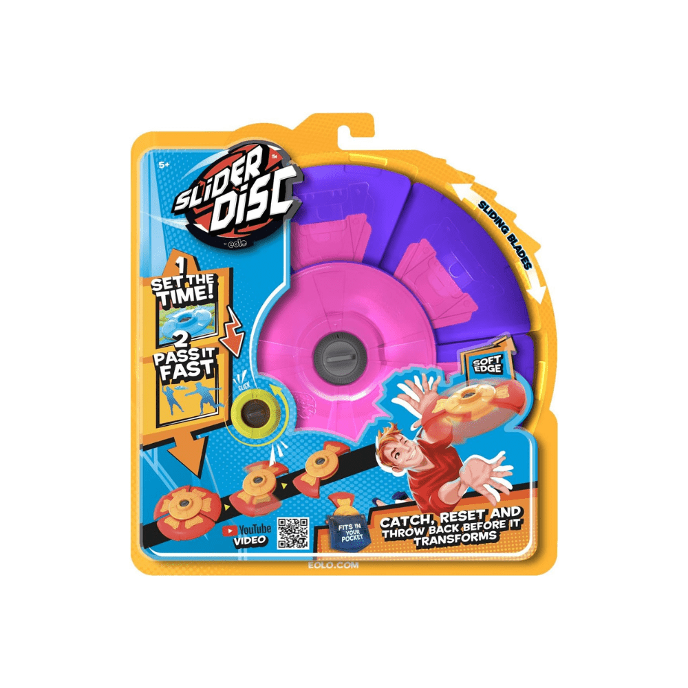 Slider disc timer toy retail box showing purple and pink circular launcher and orange bag