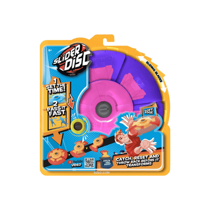 Slider disc timer toy retail box showing purple and pink circular launcher and orange bag