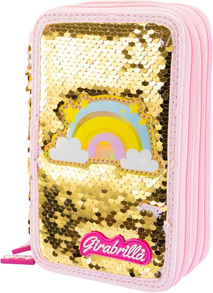 Astuccio Kawaii con paillettes oro e rosa, arcobaleno con nuvole e stelle.
