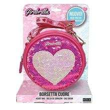 Borsetta cuore con paillettes rosa e viola, tracolla regolabile e chiusura lampo