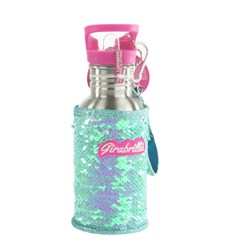 Borraccia in acciaio con paillettes turchesi e verdi, tappo rosa e gancio in metallo