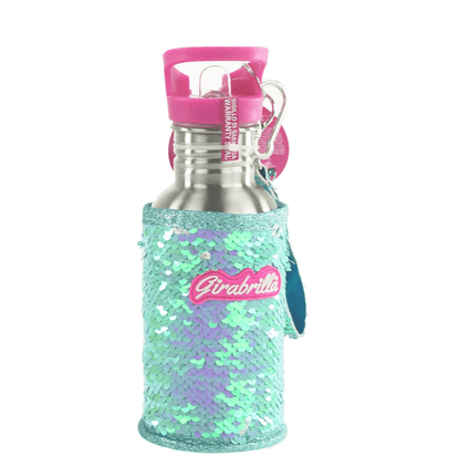 Borraccia in acciaio con paillettes turchesi e verdi, tappo rosa e gancio in metallo