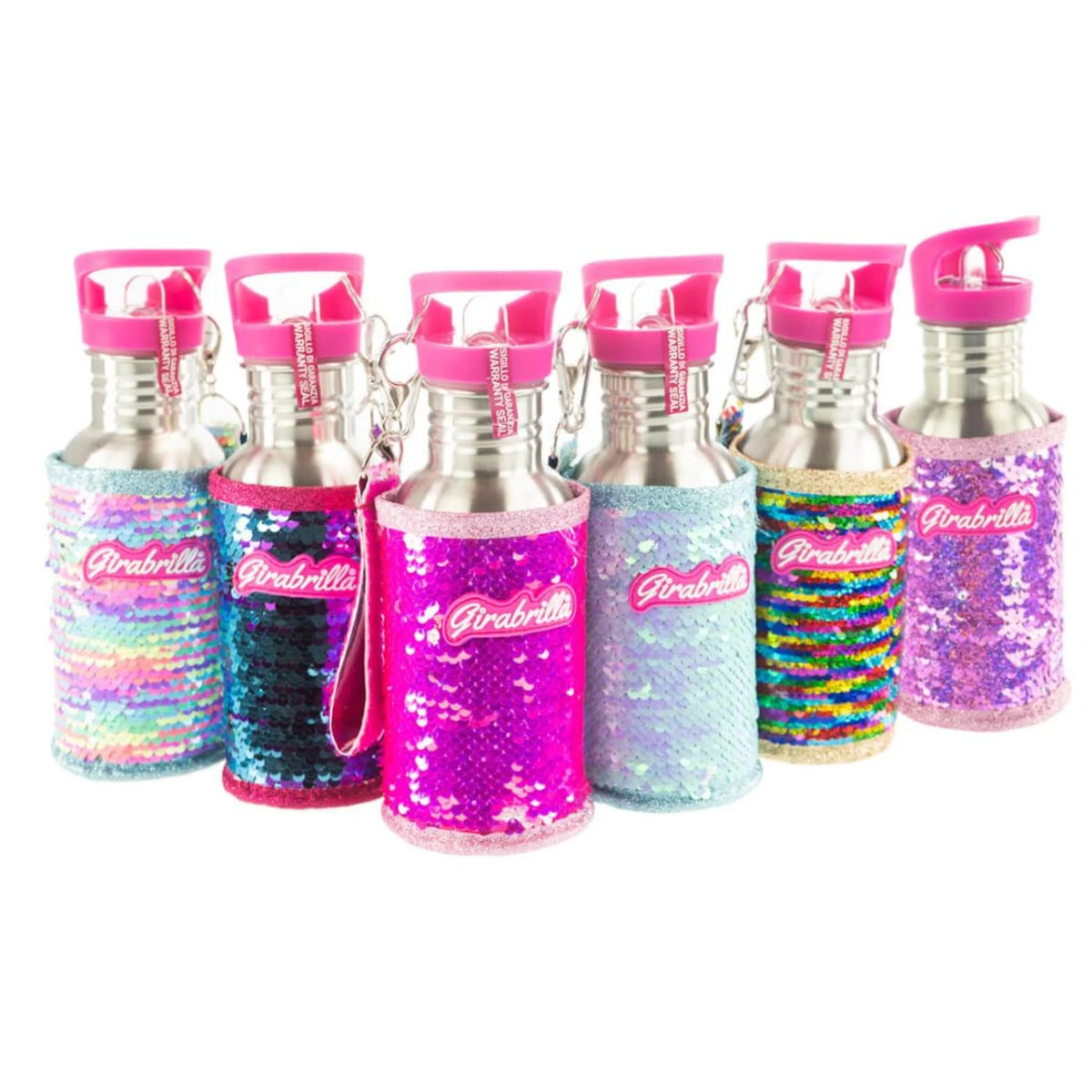 Set di borracce in acciaio con paillettes multicolore e tappi rosa, varie finiture