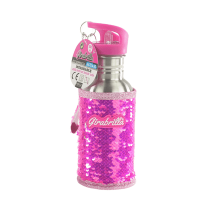 Borraccia in acciaio con tappo e maniglia rosa, paillettes fucsia