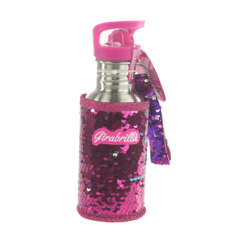 Borraccia in acciaio con paillettes fucsia e tappo rosa, finitura glitter