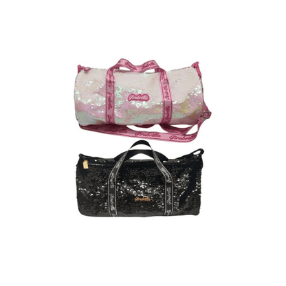 Borsa sportiva scintillante con tracolla, fettuccia logata rosa e nera