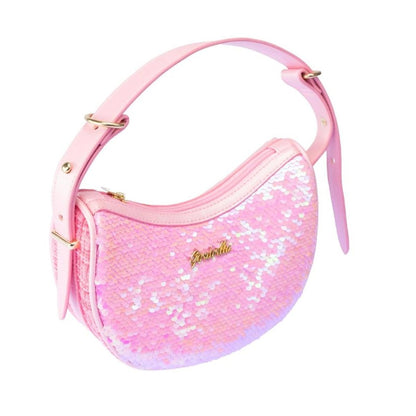 Dreamy & Elegant Handbag: pink sequined crescent hobo with top handles, gold hardware