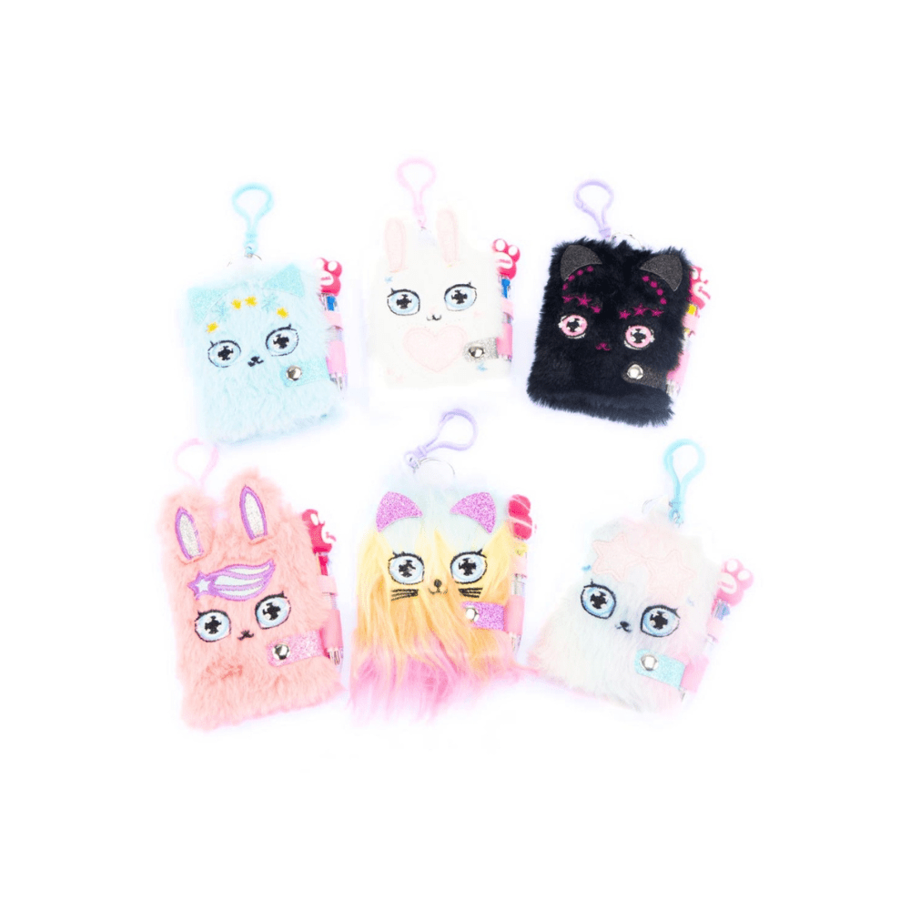 Set di mini notebook keychain in peluche: blu, rosa, nero, giallo e bianco con anello