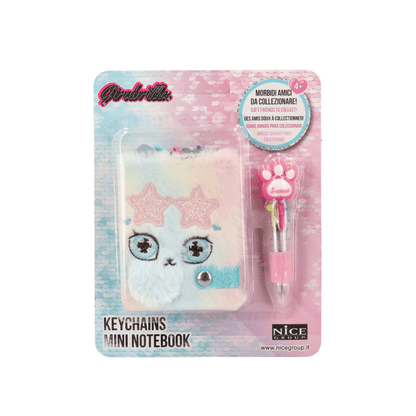 Mini notebook keychain con faccia di coniglio azzurro, stelle rosa e penna