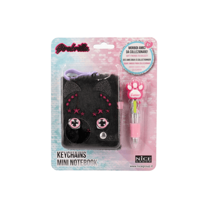Mini notebook keychain con faccia di gatto nero, ricami rosa e penna con piedini