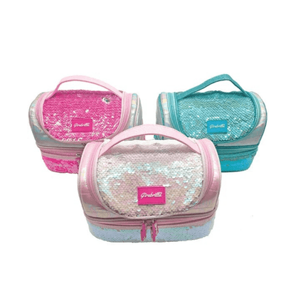 Puffer lunch box with sequin front, zipper closure and top handle—pink, white, and teal set