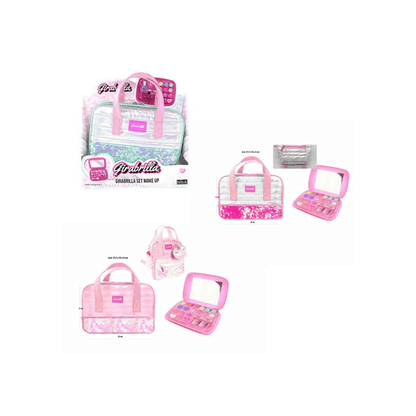 Borsa trucco rosa con specchietto e mini accessori, set make up Girabrilla