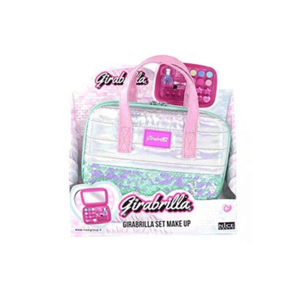 Set make up Girabrilla: borsa trucco rosa con apertura e astuccio glitter