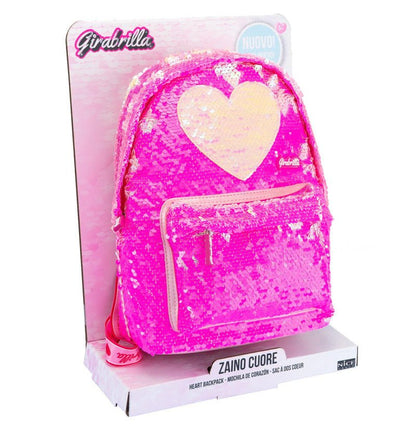 Pink heart-shaped sequin backpack with front heart patch and zip pocket
