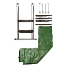 Trampoline accessory kit with galvanized ladder, green safety padding, and strap springs